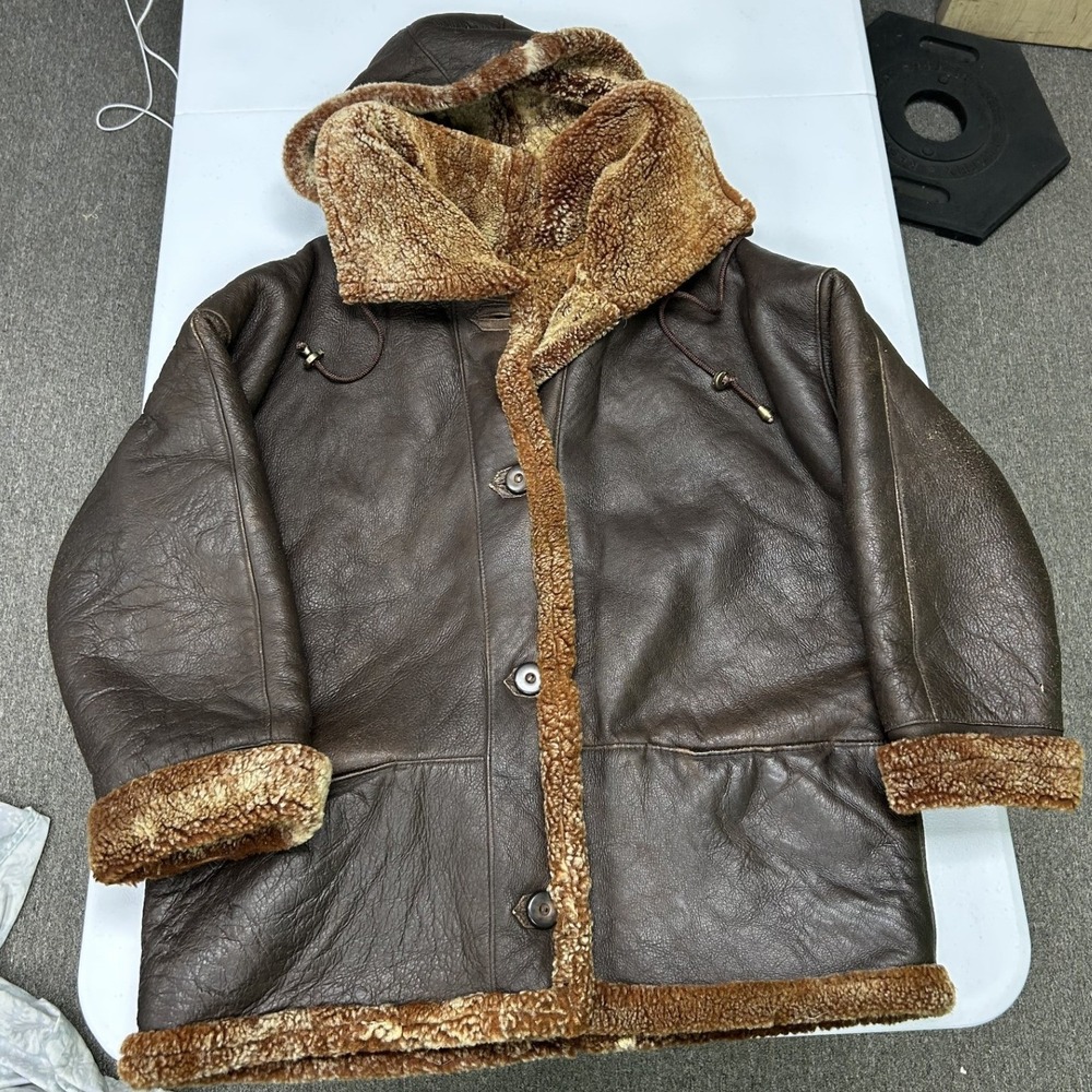 Adriana Shearling Coat Mens Large Brown Leather Hooded Jacket Made in USA A5